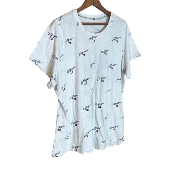 Tommy Hilfiger Sport Allover Logo Print Short Sleeve T-Shirt White Navy Size 1X - Picture 3 of 8